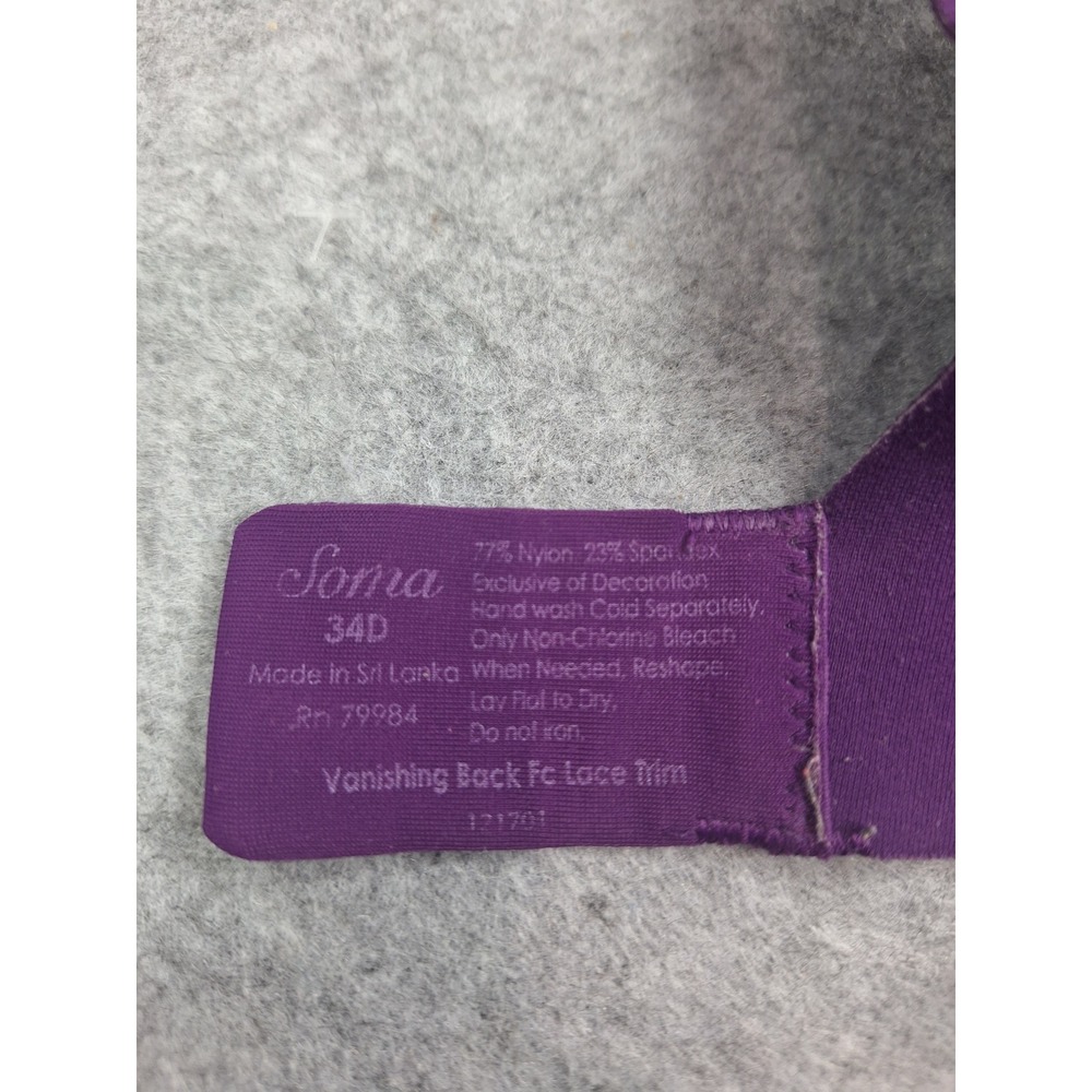 Soma Vanishing Back Lace Trim Full Coverage Bra 34D Purple - Picture 4 of 8